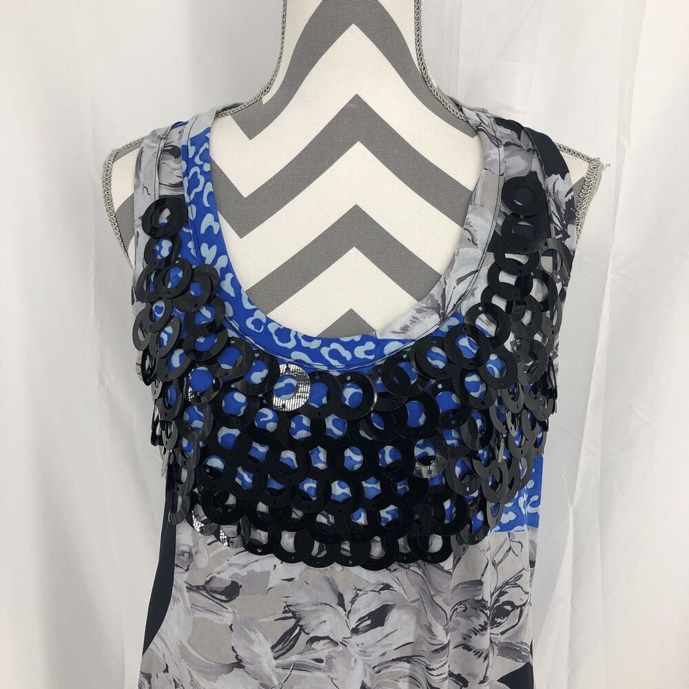 Argenti Blue Gray Black Sequin Rings Floral Animal Print Sleeveless Dress 8